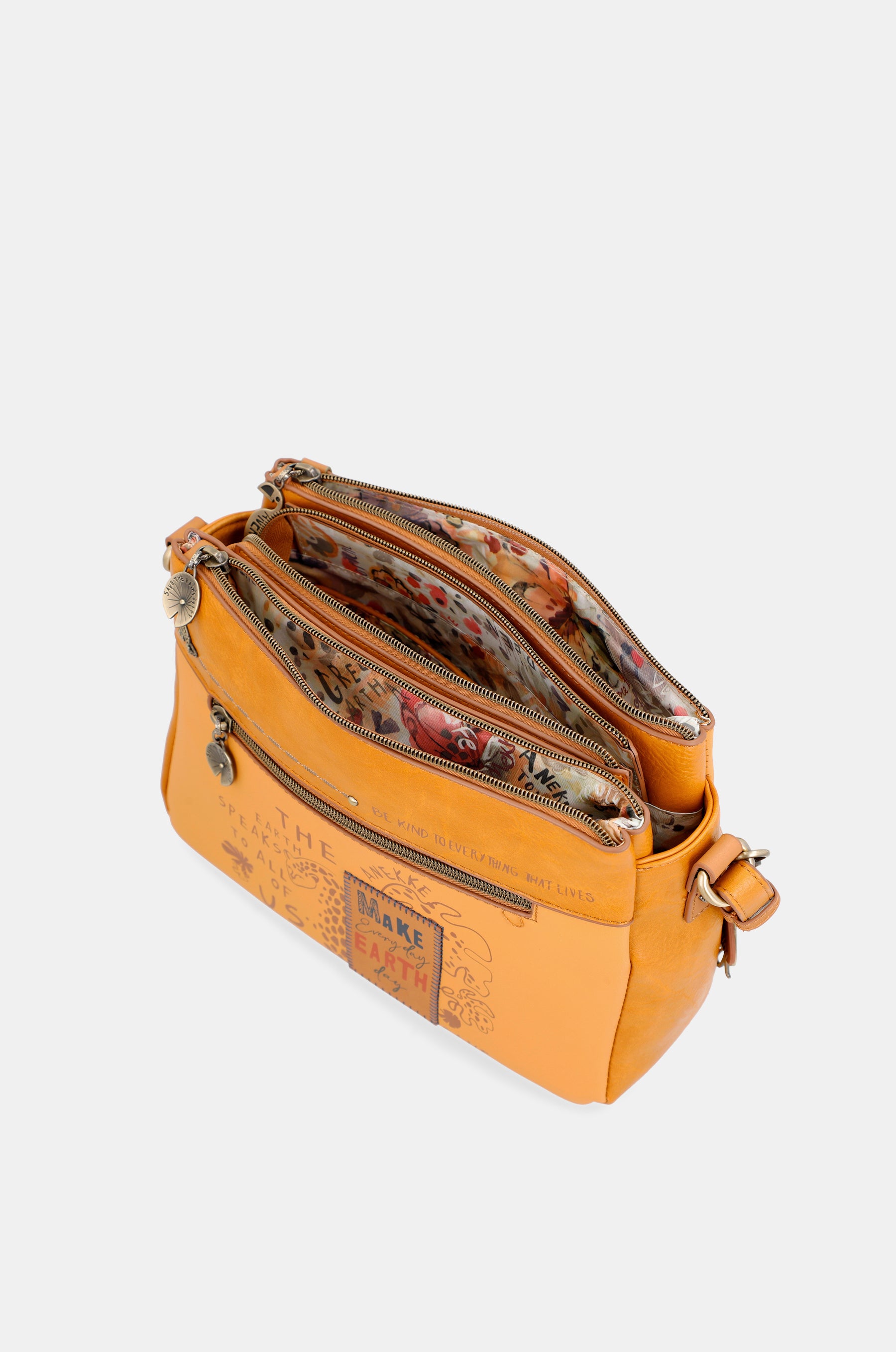 Nature Pachamama ochre crossbody bag with 3 compartments