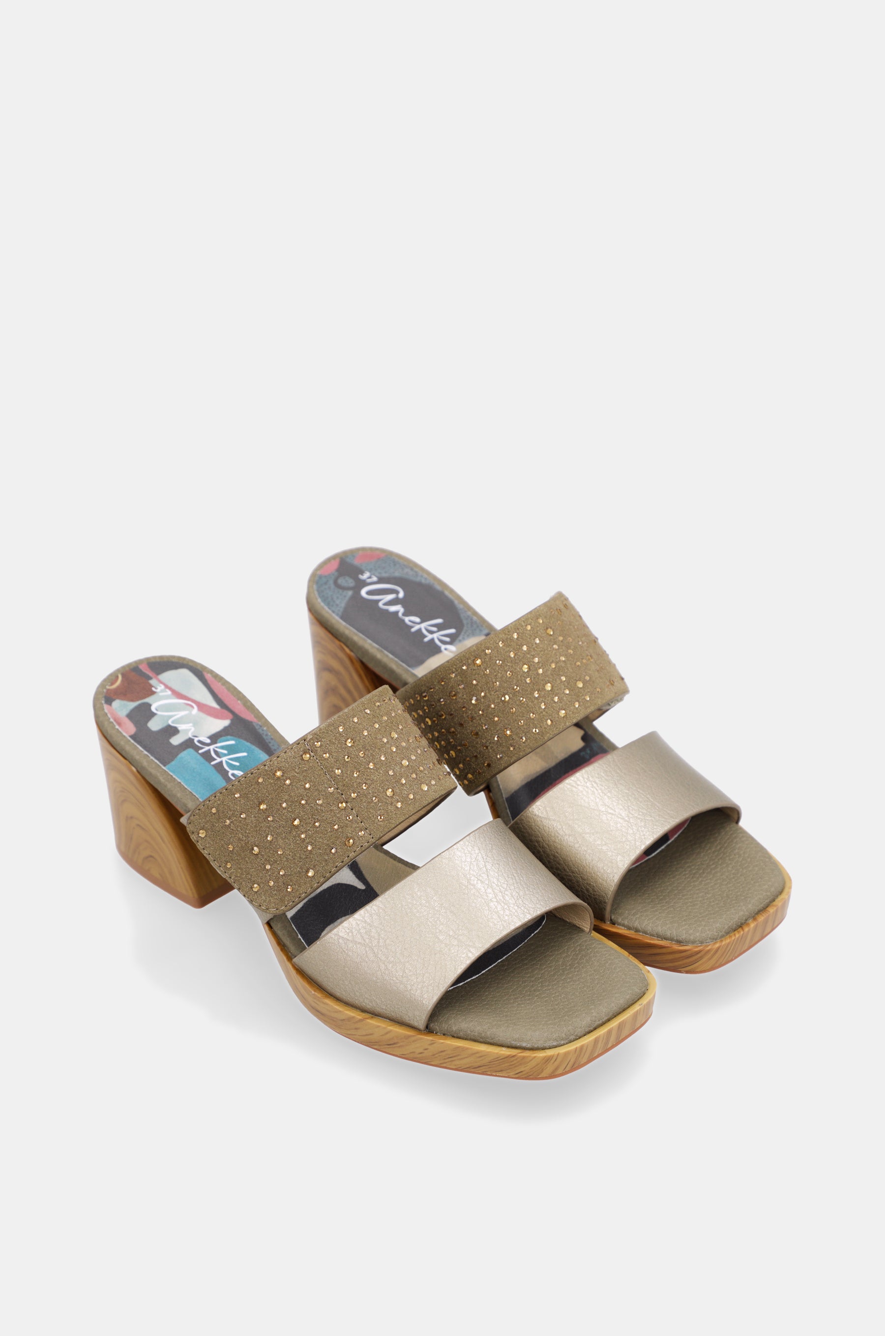 Green and gold heeled sandals with rhinestones