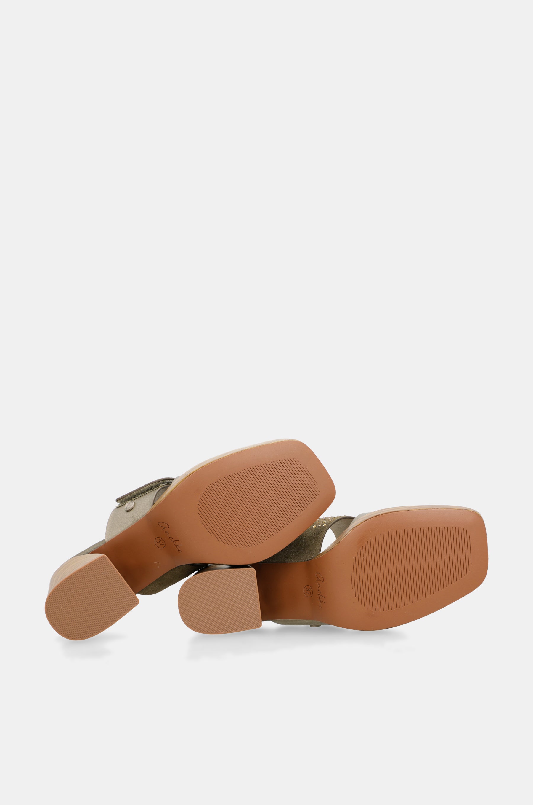 Green and gold heeled sandals with rhinestones