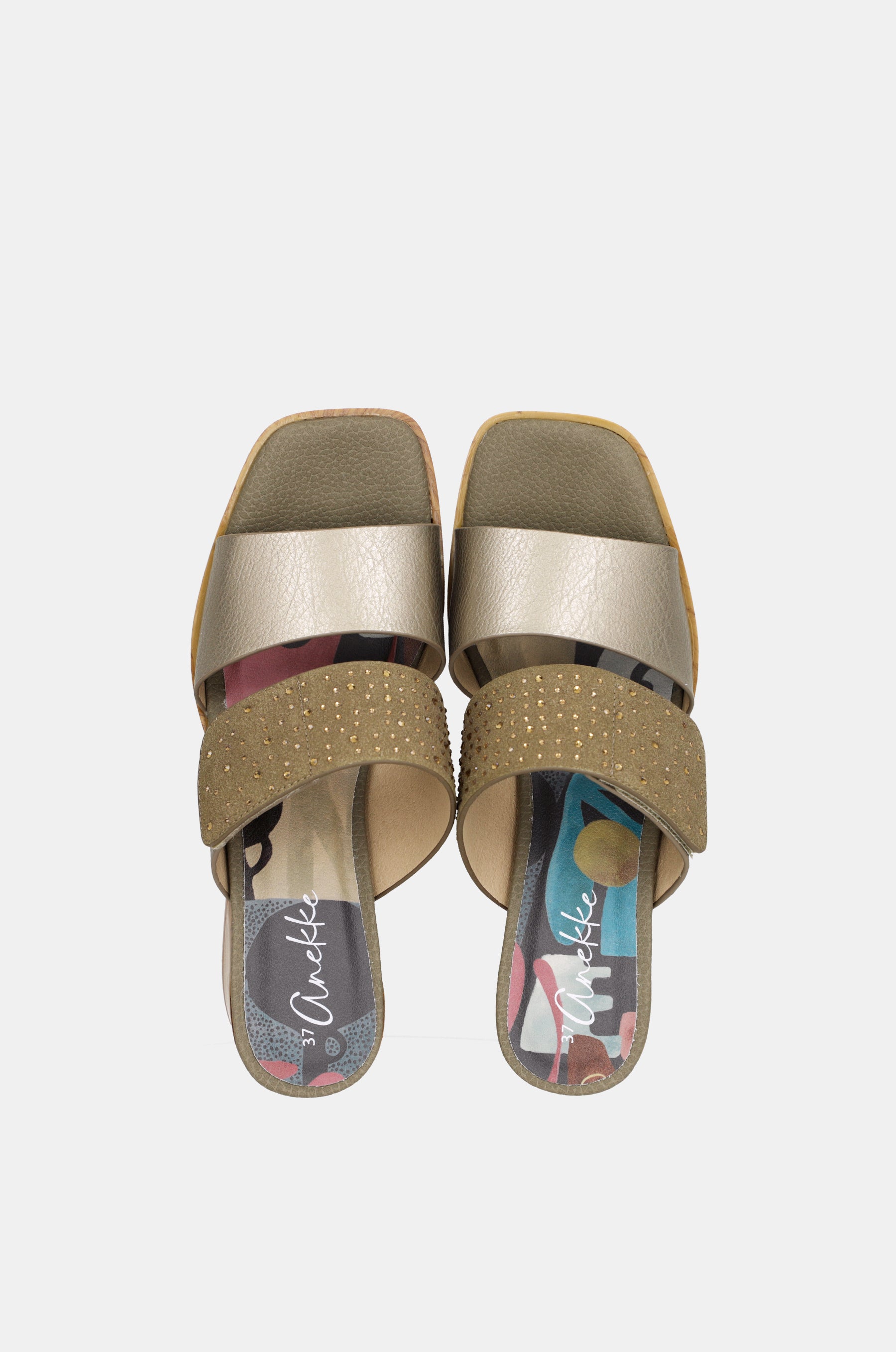 Green and gold heeled sandals with rhinestones