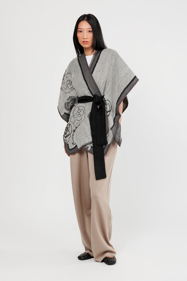 Black & beige belted poncho