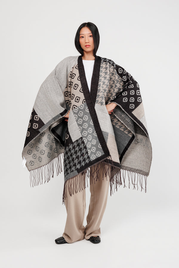 Black & beige fringed poncho