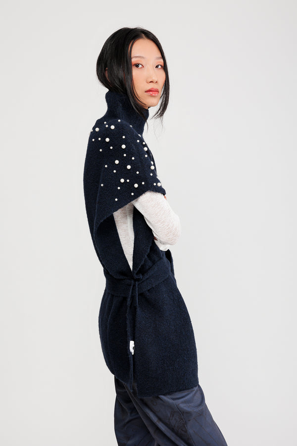 Blue belted turtleneck poncho