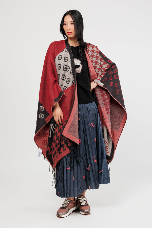 Burgundy, blue & beige fringed poncho