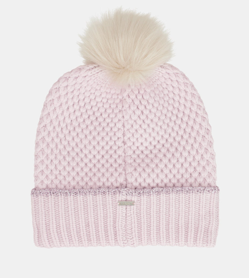 Knitted beanie with pink pompom