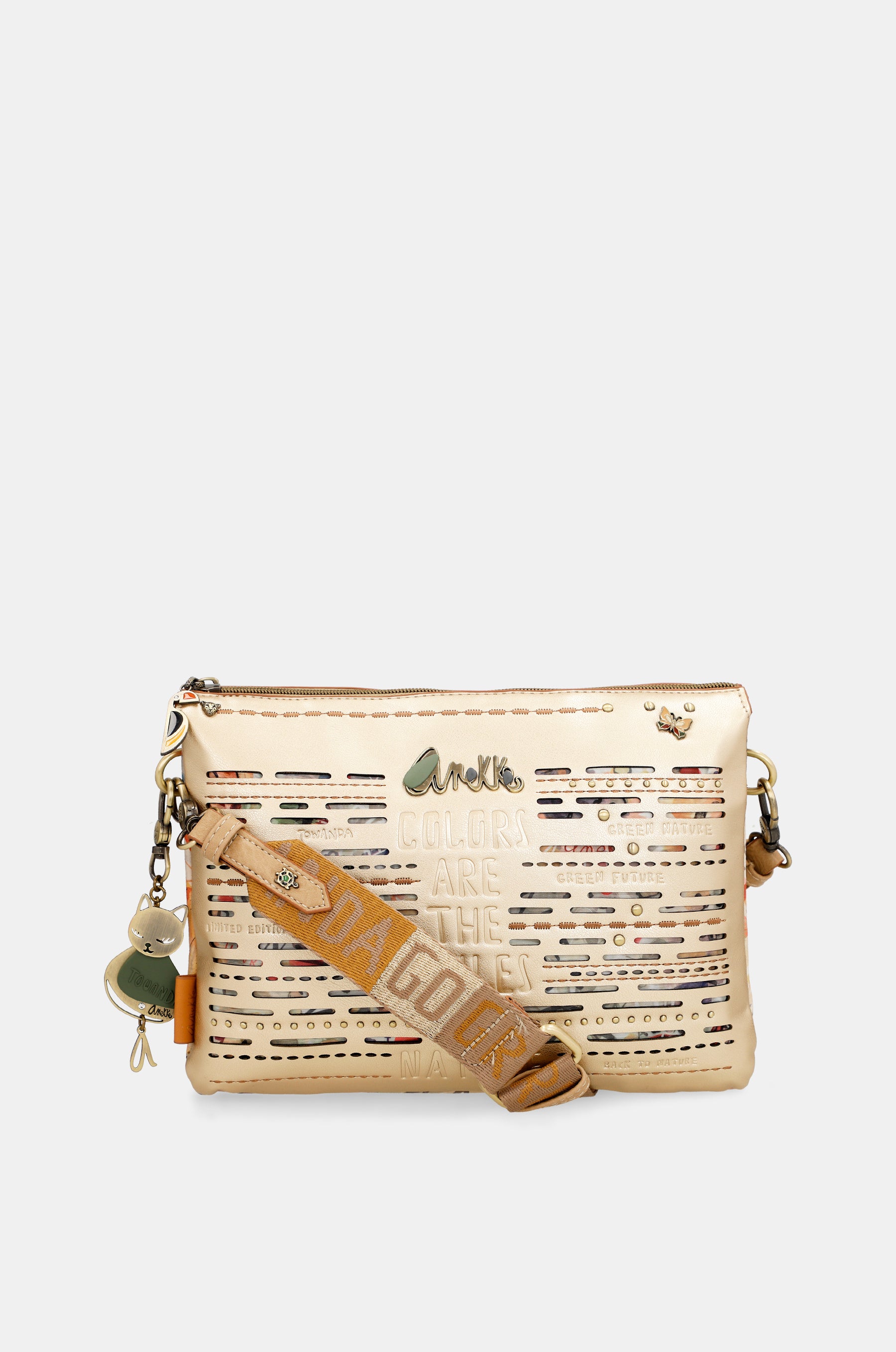 Nature Pachamama golden crossbody bag with two compartments