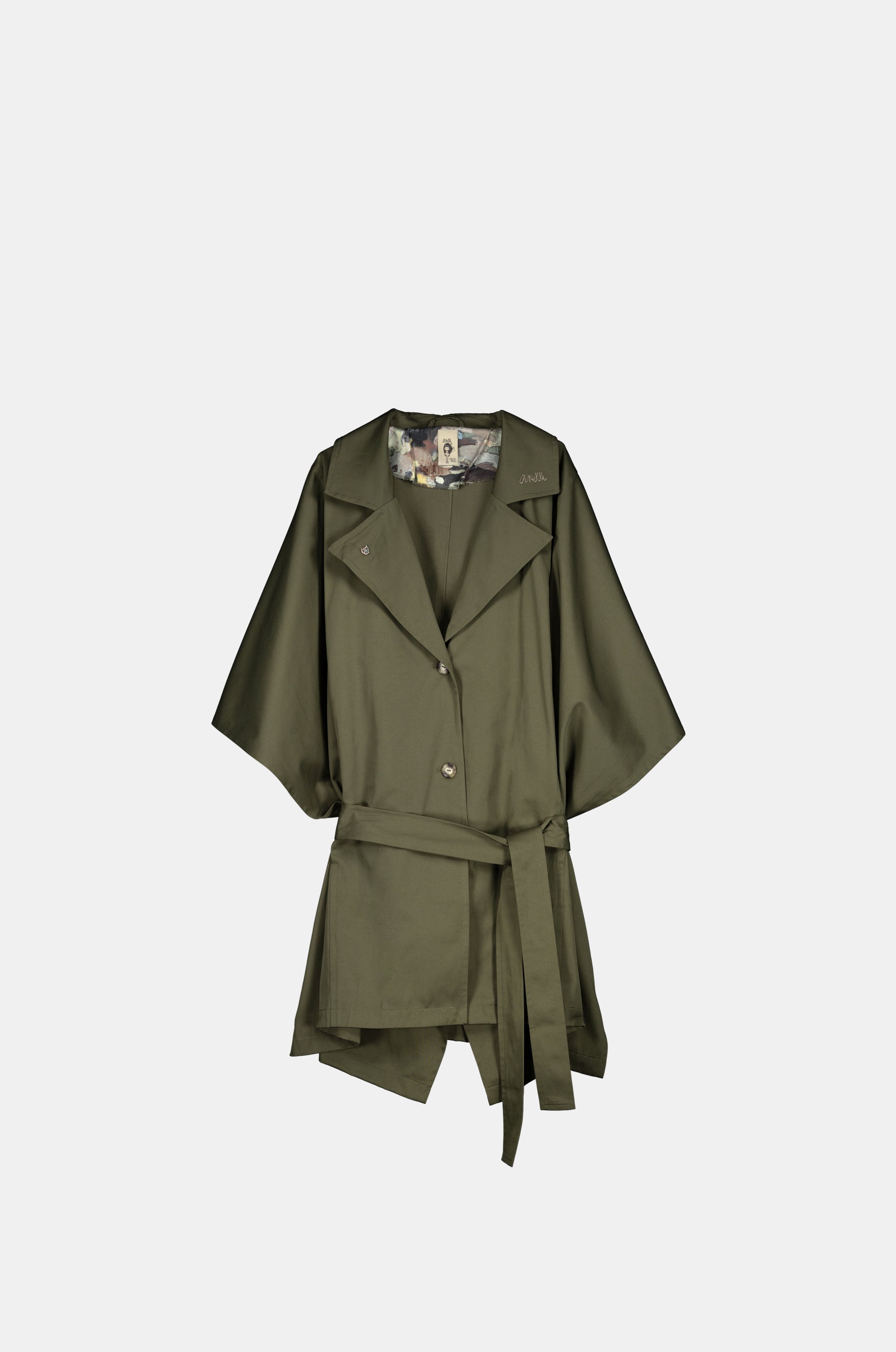 Green cape-style trench coat