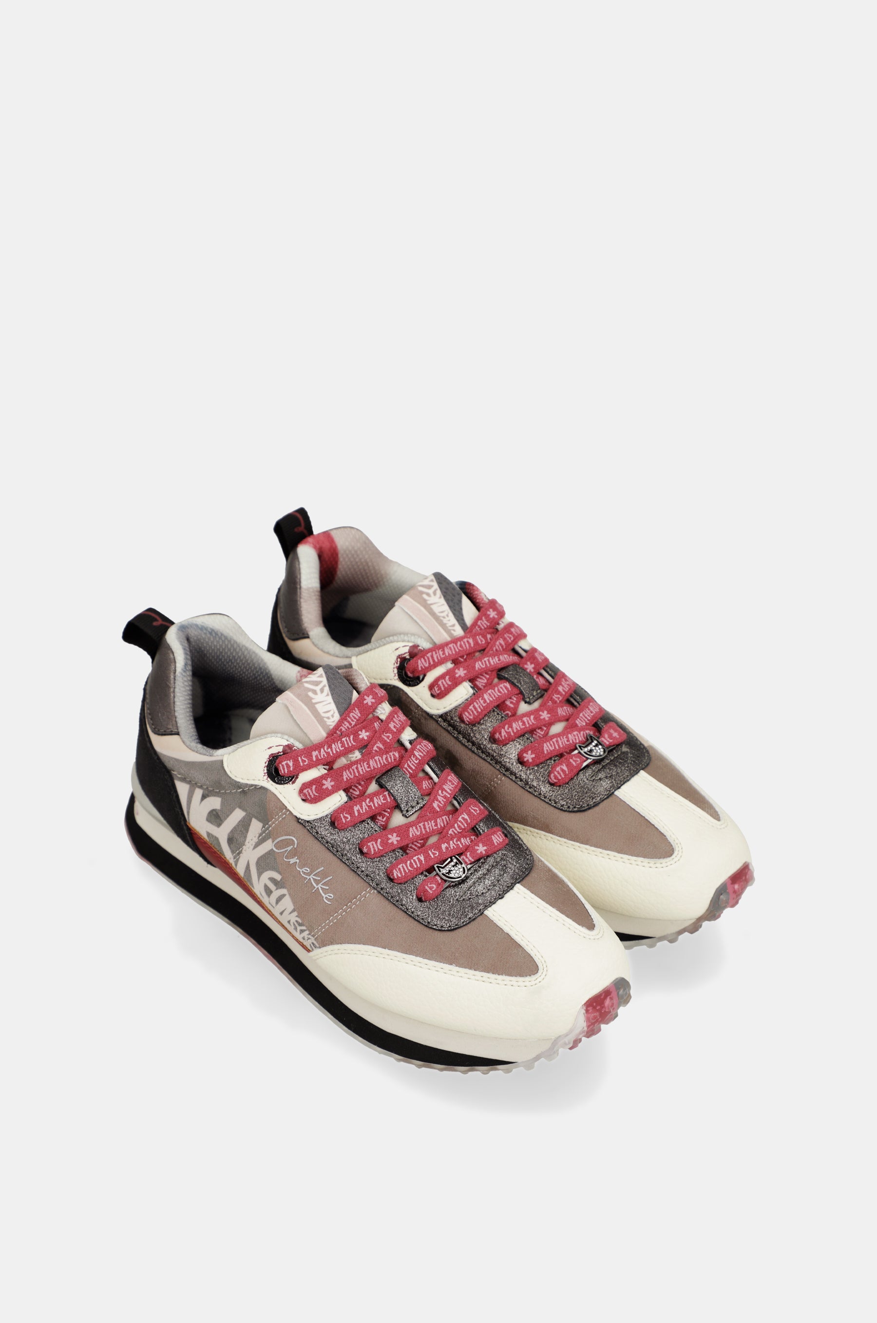 Pink and white sneakers