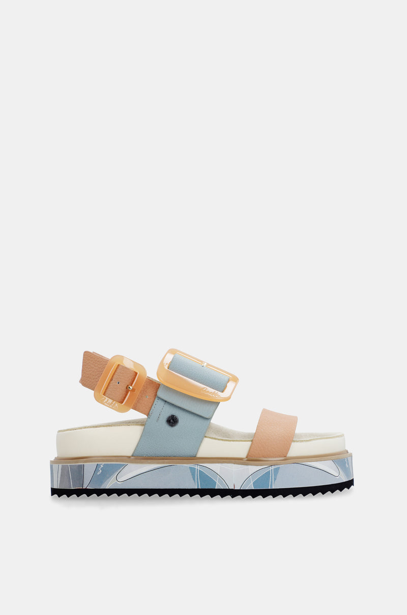 Blue and pink-orange platform sandals